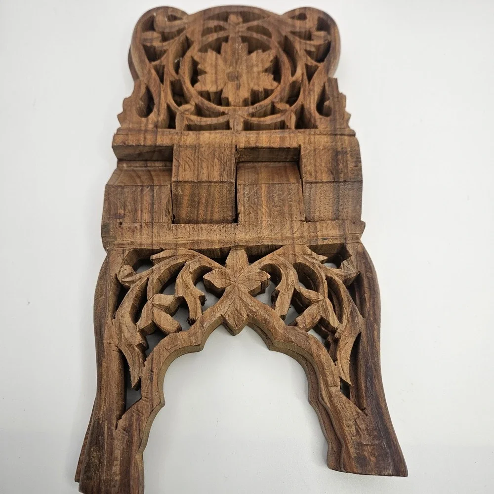 Vintage Shesham Wood Folding Book Stand Hand Carved Made in India Ornate